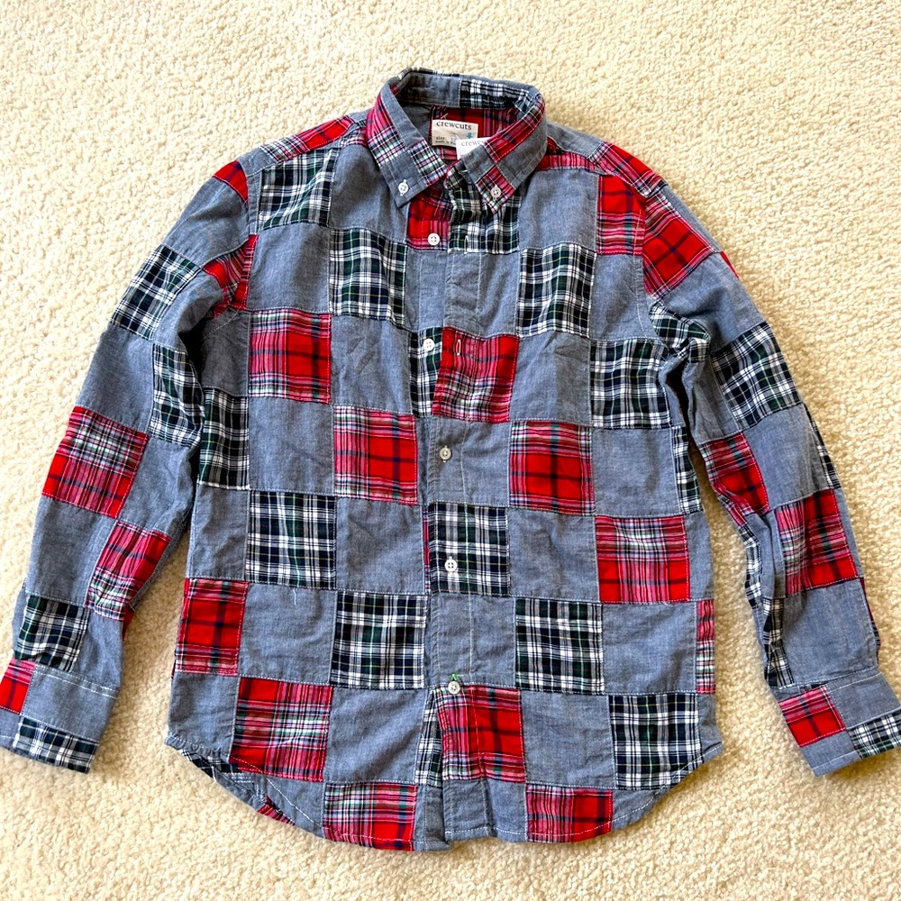 NWT JCrew/ Crewcuts Boys' shirt in patchwork plaid and chambray. Size 12